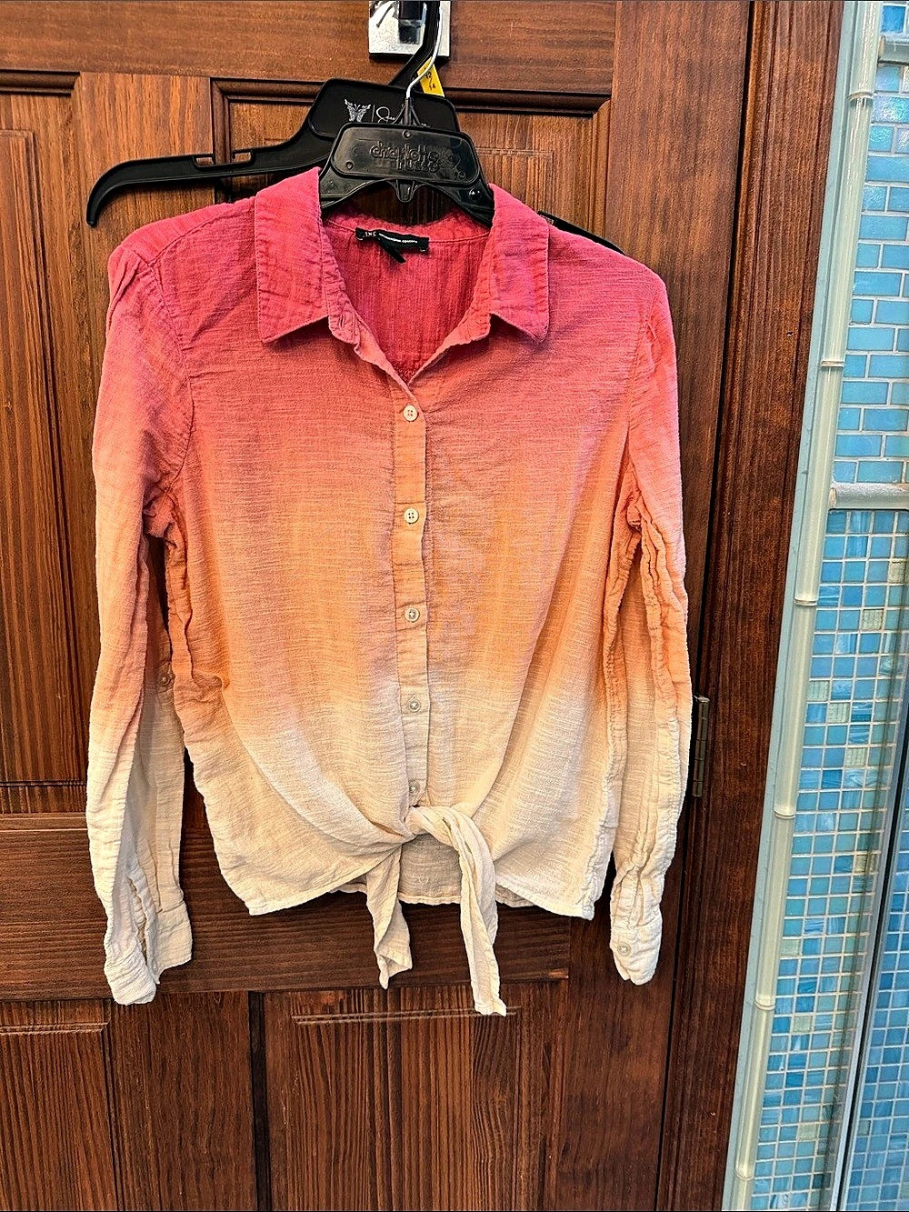 INC Ombre Tie-Front Shirt in Pink & White Size Medium